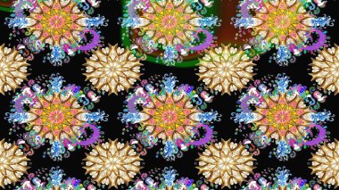 Çiçek desenli çizim. Siyah renkli çiçekler. Renkli Bahar Teması eskiz kalıbı. Asya tekstil tarzında. Raster illüstrasyonu. Düz Çiçek Elementleri Tasarımı.