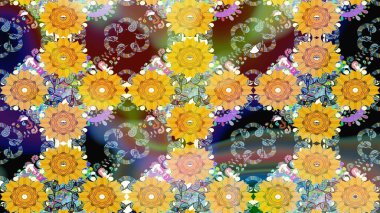 Sarı el çizimi desen. Karalama çiçekleri çizim kalıbı. Sanat, çiçekleri canlandırır ve arka planda bırakır. Raster deseni.