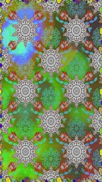 Raster illüstrasyonunda kusursuz çiçek deseni. Yeşil ve gri renkte çiçekler.