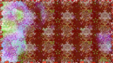 Elle çizilmiş çiçek deseni (fayans). Tekstil için dikişsiz suluboya desen. Sevimli çiçekler, şal desenli, kırmızı ve kahverengi renklerle renksiz desen..