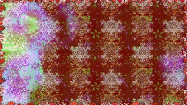 Elle çizilmiş çiçek deseni (fayans). Tekstil için dikişsiz suluboya desen. Sevimli çiçekler, şal desenli, kırmızı ve kahverengi renklerle renksiz desen..