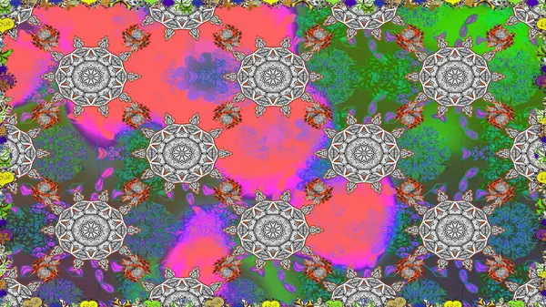 Çiçekli, pürüzsüz bir desen. Raster illüstrasyonu. Raster çiçekleri klasik tarzda çizilmiş. Gri ve yeşil renklerde bahar çiçekleri.