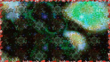 Küçük çiçekteki sevimli çiçek deseni. Raster illüstrasyonu. Yeşil ve siyah renkte çiçekler.