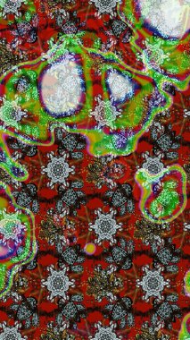 Raster illüstrasyonu. Çiçek desenli çizim. Kahverengi, gri ve kırmızı renklerde Asya tekstili.