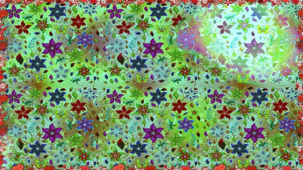 Raster Floral Illustration in cute textile. Elegance seamless pattern with ethnic flowers on green and neutral colors.