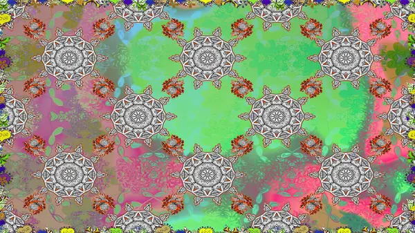 Yeşil ve gri renkli çiçekler. Sevimli çiçek raster deseni. Düz Çiçek Elementleri Tasarımı. Renkli Yaz Temalı Kusursuz Arkaplan.