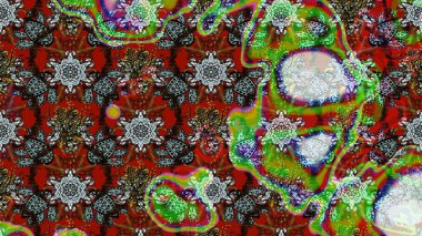 Kahverengi, gri ve kırmızı renklerde Asya tekstili. Çiçek desenli çizim. Raster illüstrasyonu.