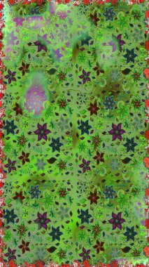 Çiçekli karalama şeklinde Raster çiçek deseni. Raster illüstrasyonu. Yumuşak, bahar çiçekleri yeşil ve nötr renklerde.