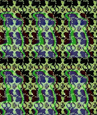 Raster. Yeşil, siyah ve mor renkli güzel çiçekli eskiz deseni, suluboya çiçek deseni, duvar kağıdı, kart veya kumaş için fayanslı.