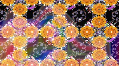 Raster hisseleri. Suluboya, elle çizilmiş. Eskiz arkaplan modeli. Sarı üzerine çiçekler..