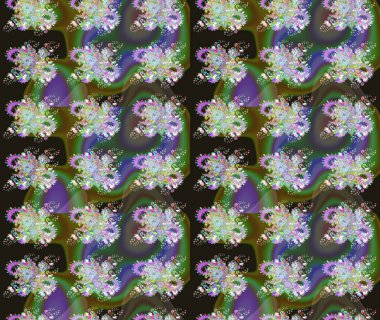 Raster illüstrasyonu. Şirin çiçekli eskiz deseni ve yeşil renkli yapraklar, suluboya çiçek deseni, duvar kağıdı, kart veya kumaş için fayanslı.