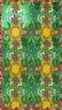 Çizim kalıbı. Renkli süs kenarı. Raster illüstrasyonu. Çiçek duvar kağıdı. Hint süsü. Yeşil ve kahverengi renklerde.