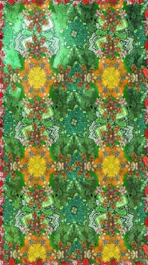 Çizim kalıbı. Renkli süs kenarı. Raster illüstrasyonu. Çiçek duvar kağıdı. Hint süsü. Yeşil ve kahverengi renklerde.