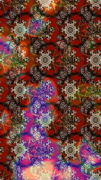 Raster Floral Illustration, Asyalı tekstil. Kahverengi, kırmızı ve bej renkli etnik çiçeklerle zarif bir eskiz deseni..