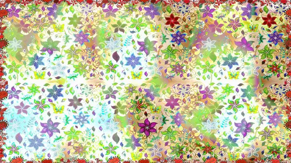 Renkli Bahar Temalı Kusursuz Arkaplan. Düz Çiçek Elementleri Tasarımı. Asya tekstil tarzında. Raster illüstrasyonu. Kusursuz çiçek deseni. Güzel kumaş deseni.