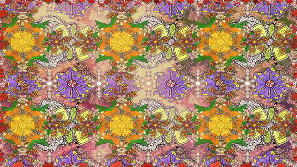 Kahverengi ve nötr renklerde çiçekler. Düz Çiçek Elementleri Tasarımı. Renkli Bahar Temalı Kusursuz Arkaplan. Raster illüstrasyonunda kusursuz çiçek deseni.