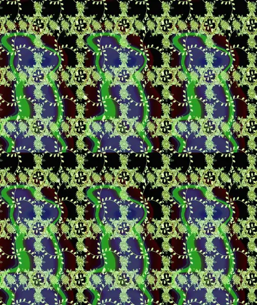 Raster. Yeşil, siyah ve mor renkli güzel çiçekli eskiz deseni, suluboya çiçek deseni, duvar kağıdı, kart veya kumaş için fayanslı.