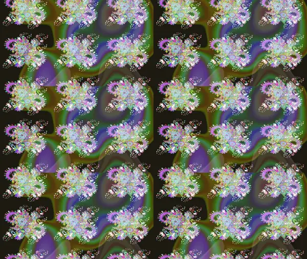 Raster illüstrasyonu. Şirin çiçekli eskiz deseni ve yeşil renkli yapraklar, suluboya çiçek deseni, duvar kağıdı, kart veya kumaş için fayanslı.