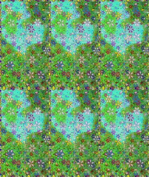 Düz Çiçek Elementleri Tasarımı. Yeşil ve mavi renkte çiçekler. Renkli Yaz Temalı Kusursuz Arkaplan. Sevimli çiçek raster deseni.