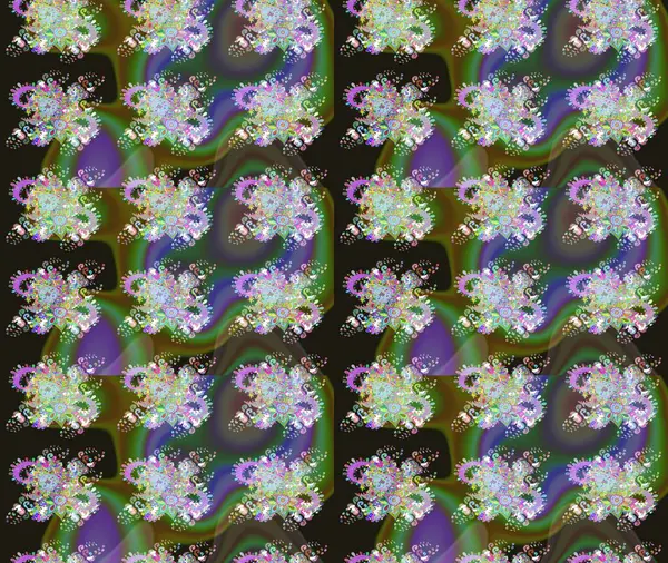 Raster illüstrasyonu. Şirin çiçekli eskiz deseni ve yeşil renkli yapraklar, suluboya çiçek deseni, duvar kağıdı, kart veya kumaş için fayanslı.