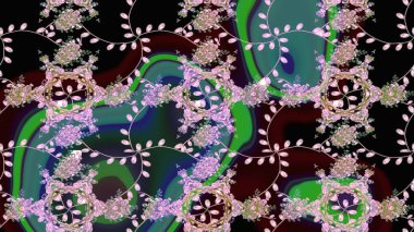 Tarafsız, siyah ve yeşil renkli, çok renkli, siyah ve yeşil zarif küçük çiçekler ve komik böcekler, siyah ve yeşil renkler, raster desen, illüstrasyon.