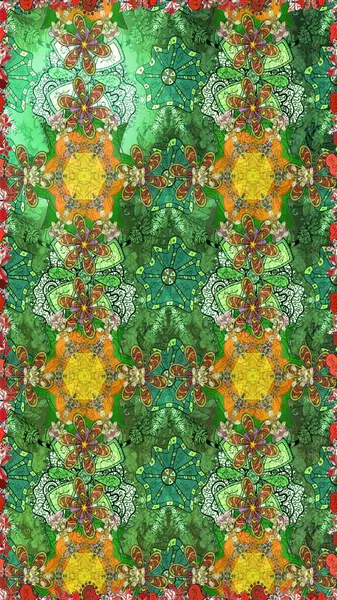 Çizim kalıbı. Renkli süs kenarı. Raster illüstrasyonu. Çiçek duvar kağıdı. Hint süsü. Yeşil ve kahverengi renklerde.