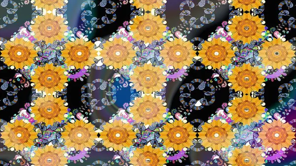 Sarı renkli çiçekler. Düz Çiçek Elementleri Tasarımı. Renkli Yaz Temalı eskiz kalıbı. Sevimli çiçek raster deseni.