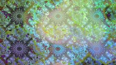 Patlayan çiçekler soyut olarak yerleştirilmiş. Raster deseni. Raster illüstrasyonu. Yumuşak, bahar çiçekleri tarafsız ve yeşil renklerde.