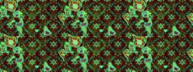 Tekstil tasarımı için geleneksel Raster çiçek buketi yeşil, kahverengi ve siyah renklerde. Üzerinde gelincikler ve vadi zambakları olan renkli çiçek desenli nakış..