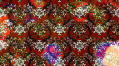 Raster illüstrasyonu. Çiçek desenli çizim. Çiçekler kahverengi, kırmızı ve gri renklerde. Raster illüstrasyonu. Asya tekstil tarzında.