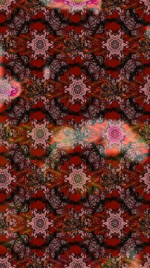 Düz Çiçek Elementleri Tasarımı. Renkli Bahar Teması eskiz kalıbı. Raster Modaya uygun kumaş deseni. Kahverengi, siyah ve kırmızı renkli şirin çiçek deseni.