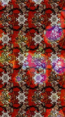 Suluboya elle çizilmiş çiçek desenli eskiz deseni. Parlak renkli fantezi çiçekleri, yapraklar, kahverengi, kırmızı ve siyah renkli tomurcuklar, kahverengi, kırmızı ve siyah.