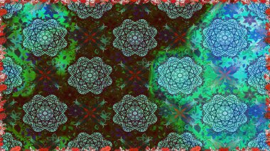 Tekstil için dikişsiz suluboya desen. Elle çizilmiş çiçek deseni (fayans). Sevimli çiçekler, şal desenli, mavi ve yeşil renklerle renksiz desen.