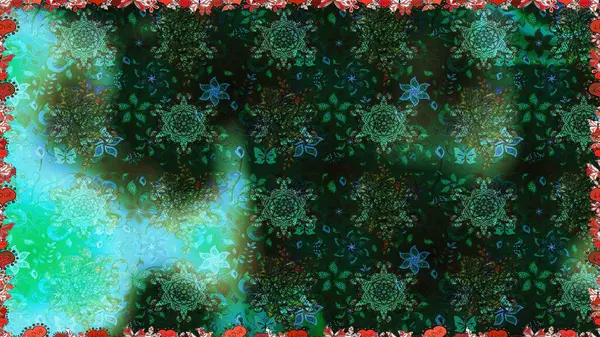 Yeşil ve mavi el çizimi desen. Raster deseni. Karalama çiçekleri kusursuz desen. Sanat ilham verir ve mavi tarzda çiçekler bırakır..