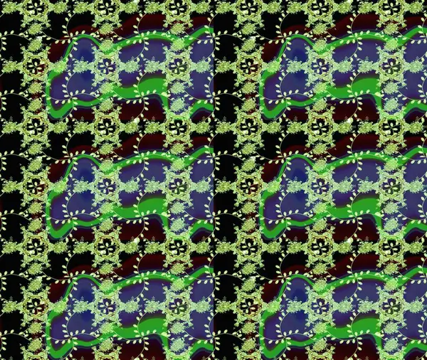 Raster. Yeşil, siyah ve mor renkli güzel çiçekli eskiz deseni, suluboya çiçek deseni, duvar kağıdı, kart veya kumaş için fayanslı.