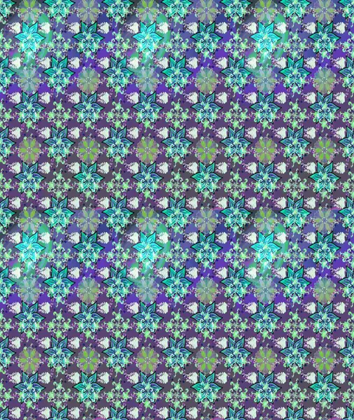 Çok renkli, zarif küçük çiçekler ve mor renkli komik böcekler, raster deseni, illüstrasyon..