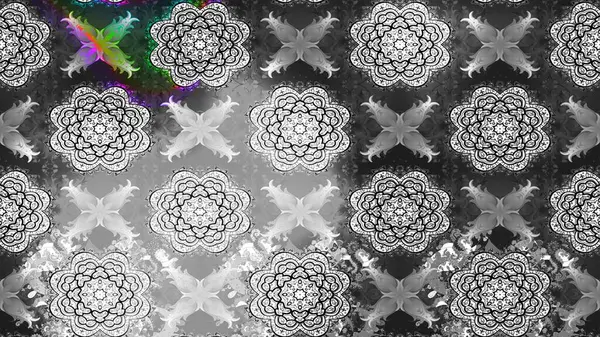 Bir sürü gri ve soyut çiçekli tropik eskiz deseni. Küçük çiçekteki sevimli çiçek deseni. Varicologray Raster çizimi.