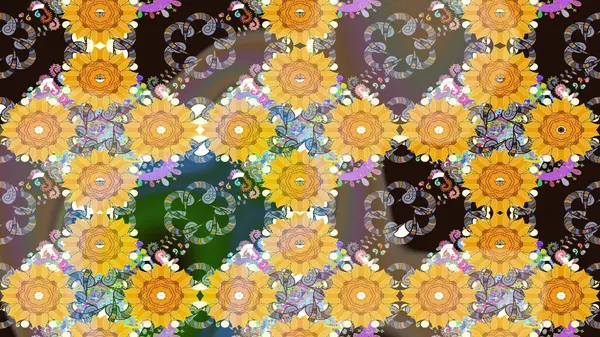 Renkli Bahar Teması eskiz kalıbı. Düz Çiçek Elementleri Tasarımı. Çiçek desenli çizim. Asya tekstil tarzında. Raster illüstrasyonu. Güzel kumaş deseni.