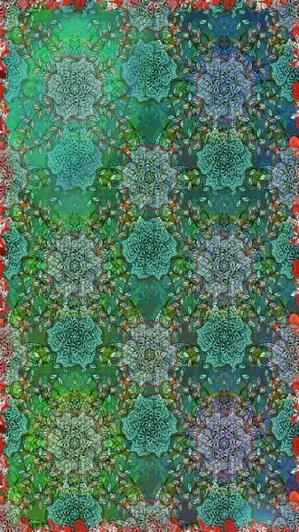 Raster suluboya çiçek deseni, narin çiçekler, yeşil ve mavi çiçekler, tebrik kartı şablonu. Güzel kumaş deseni.