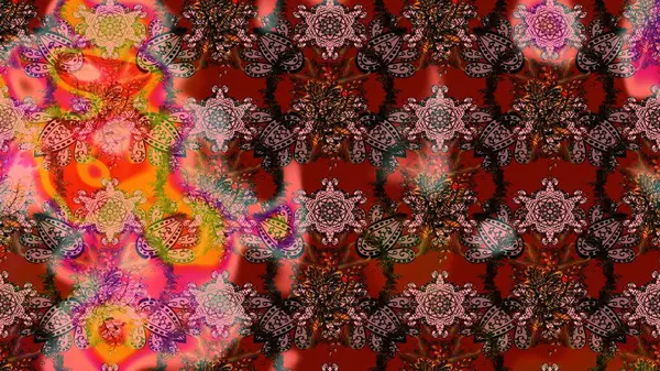 Parlak renkli çiçekleri ve kahverengi, pembe ve kırmızı renkte yaprakları olan harika bir çiçek deseni. Moda baskıları için zarif bir şablon. Halk tarzı. Modern çiçek arkaplanı.