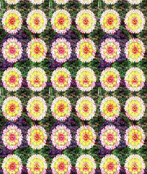 Raster illüstrasyonu. Şirin çiçekli eskiz deseni ve yeşil renkli yapraklar, suluboya çiçek deseni, duvar kağıdı, kart veya kumaş için fayanslı.