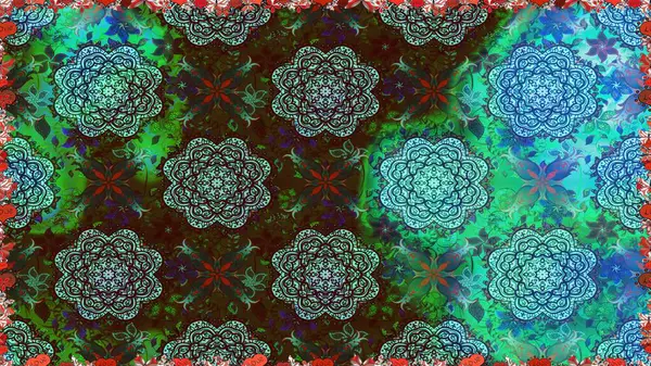 Tekstil için dikişsiz suluboya desen. Elle çizilmiş çiçek deseni (fayans). Sevimli çiçekler, şal desenli, mavi ve yeşil renklerle renksiz desen.