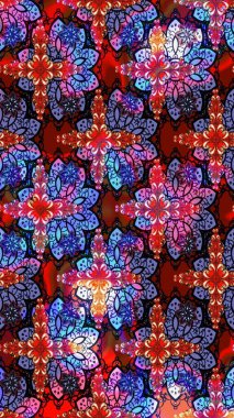 Soyut etnik raster çizim kalıbı. Arkaplan dokusu, duvar kağıdı, kırmızı renkli çiçek teması. Kabile sanatı boho baskısı, klasik çiçek arkaplanı.