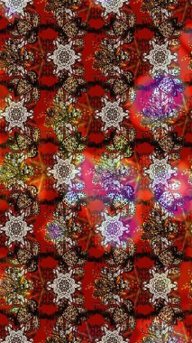 Suluboya elle çizilmiş çiçek desenli eskiz deseni. Parlak renkli fantezi çiçekleri, yapraklar, kahverengi, kırmızı ve siyah renkli tomurcuklar, kahverengi, kırmızı ve siyah.