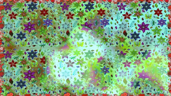 Raster illüstrasyonunda kusursuz çiçek deseni. Düz Çiçek Elementleri Tasarımı. Yeşil ve nötr renklerde çiçekler. Renkli Bahar Teması Kusursuz Arkaplan.