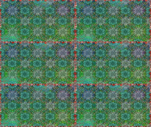 Çiçeklerle suluboya desenli çiçek deseni. Yeşil renkli Asya tekstili. Raster illüstrasyonu.