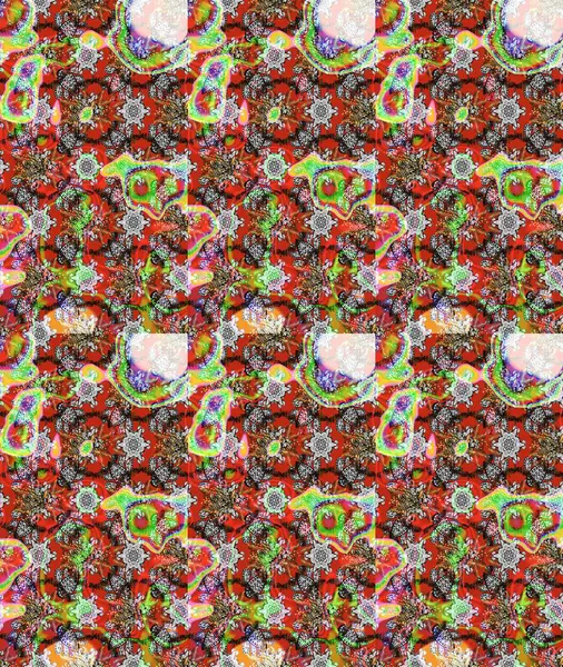 Moda baskıları için zarif bir şablon. Parlak renkli çiçekleri ve gri, nötr ve kırmızı renkte yaprakları olan harika bir çiçek deseni. Modern çiçek arkaplanı. Halk stili.