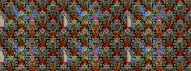 Raster illüstrasyonu. Raster illüstrasyonu. Gri renkli çiçekler. Asya tekstil tarzında. Çiçek desenini çiz.