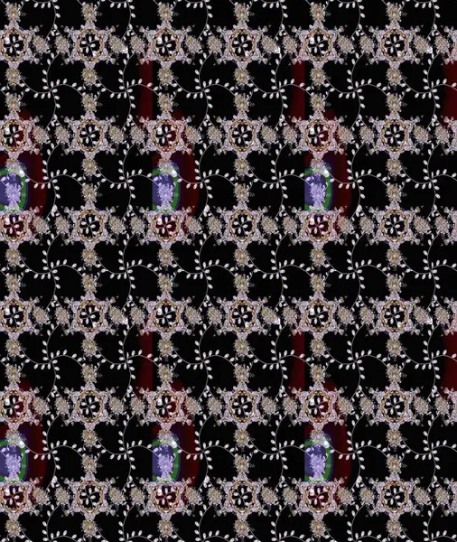 Tekstil tasarımı için siyah, nötr ve kahverengi renkli geleneksel halk çiçekleri buketi. Üzerinde gelincikler ve vadi zambakları olan renkli çiçek desenli nakış..