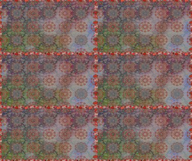 Şablon, pürüzsüz, çiçekli kenar. Çiçek çelengi. Güzel, parlak, pürüzsüz kumaş, tuval. Kıvırcık, parlak örgü. Raster illüstrasyonu. Klasik eski arkaplan.